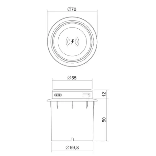 Розетки блок розеток выдвижной вертик. pop up lift mini, беспр. зарядка, usb-a+c, сетевой адаптер, черный, d70мм