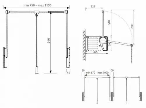 Пантографы пантограф для шкафа (лифт мебельный) vibo 750-1150 мм, серый
