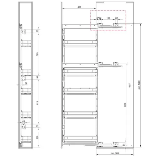 Выдвижные системы для кухонных пеналов колонна выдвижная maxima classic cargo maxi в базу 150 мм, левая