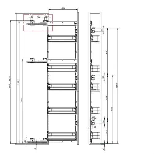 Выдвижные системы для кухонных пеналов колонна выдвижная maxima classic cargo maxi в базу 150 мм с доводчиком, правая, графит