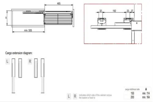 Выдвижные системы для кухонных пеналов колонна выдвижная maxima classic cargo maxi в базу 150 мм с доводчиком, левая, графит